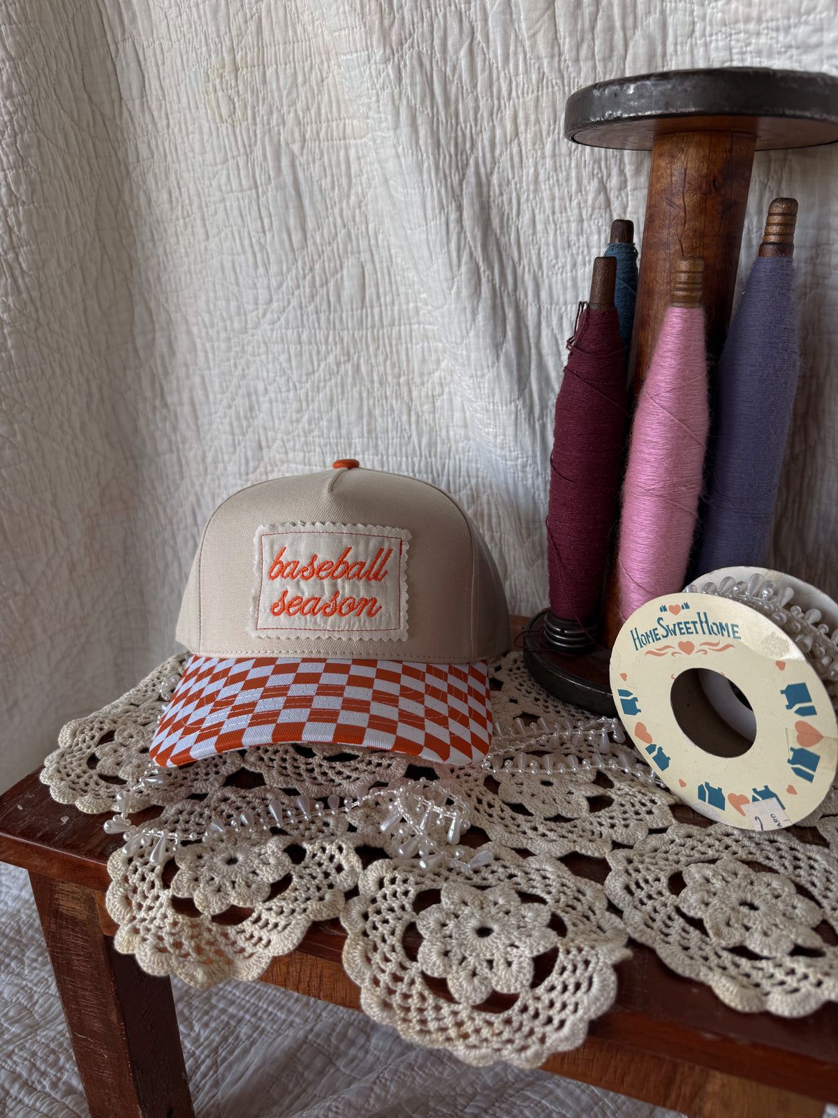 baseball season orange checker hat